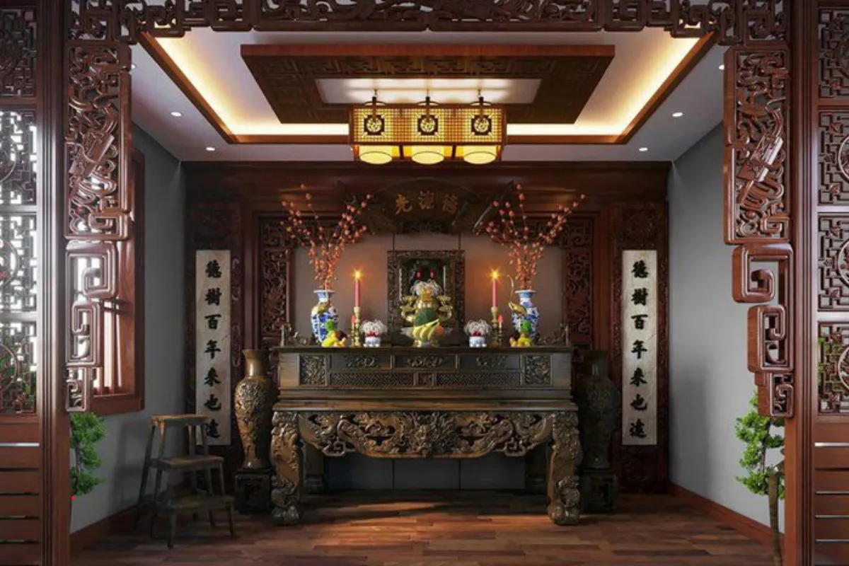 Thiết kế phòng thờ hiện đại với sự kết hợp tinh tế giữa gỗ tự nhiên và đồ trang trí.