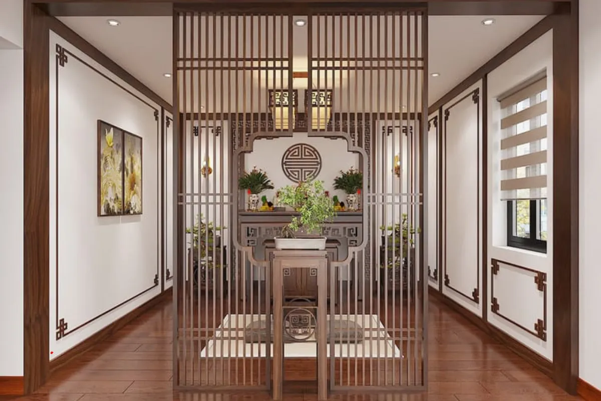 Phong cách thiết kế phòng thờ đương đại, thể hiện sự hài hòa giữa truyền thống và hiện đại.